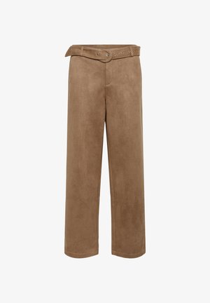 Brown suede wide-leg trousers with a belted high waist, featuring a smooth texture and metal hardware accents on the belt.