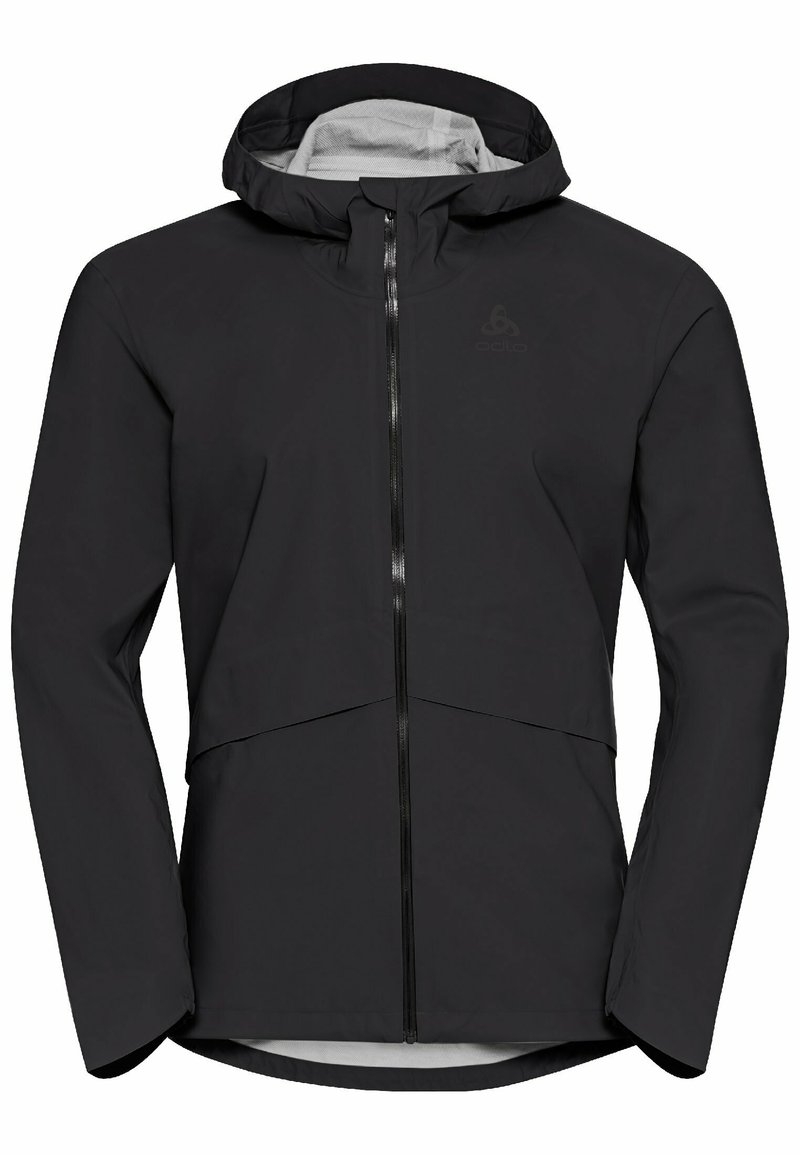 Schwarze, wasserfeste Jacke mit Kapuze, mit Reißverschluss auf der Vorderseite, langen Ärmeln und dezentem Logo auf der Brust, entwickelt für den Einsatz im Freien.