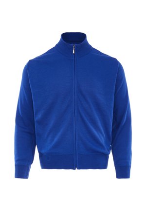 Blauer Langarm-Reißverschluss-Pullover mit Rippbündchen, Saum und hohem Kragen vor weißem Hintergrund.