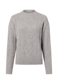 Grauer gestrickter Pullover mit einem Kabelmuster, Rundhalsausschnitt und geripptem Saum sowie Bündchen. Dicke Textur mit entspannter Passform.