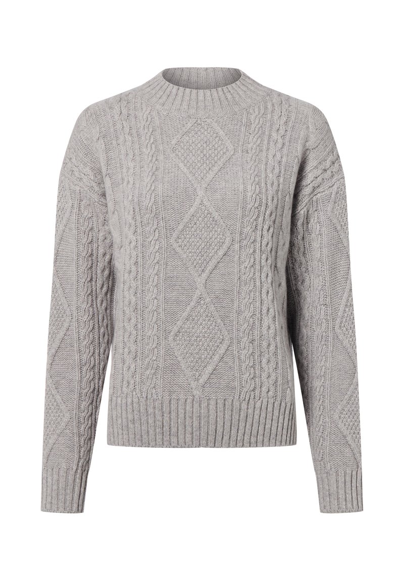 Grauer gestrickter Pullover mit einem Kabelmuster, Rundhalsausschnitt und geripptem Saum sowie Bündchen. Dicke Textur mit entspannter Passform.