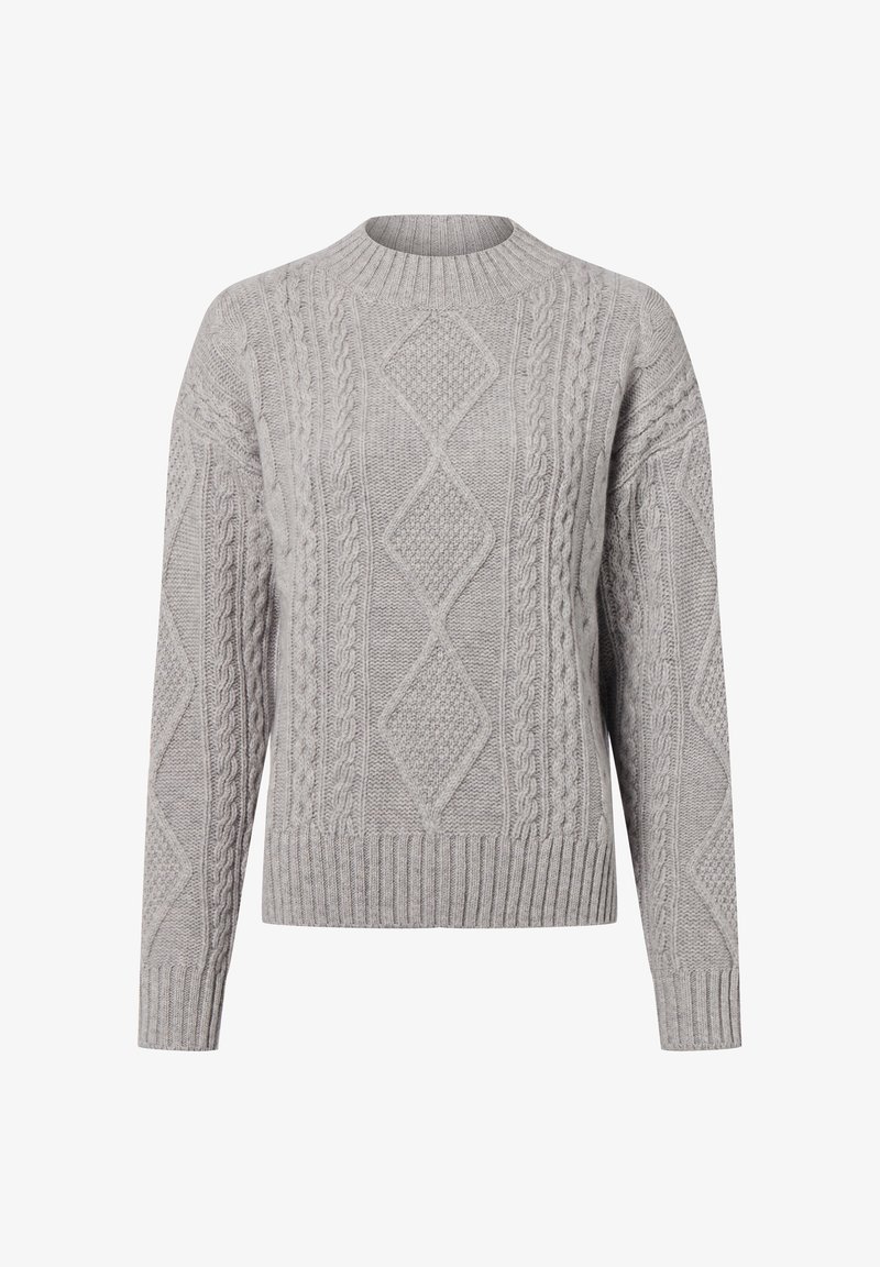 Grauer gestrickter Pullover mit einem Kabelmuster, Rundhalsausschnitt und geripptem Saum sowie Bündchen. Dicke Textur mit entspannter Passform.