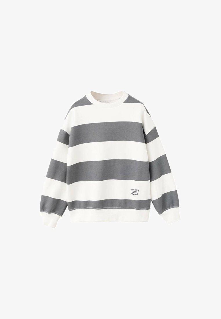 Felpa a righe grigie e bianche con scollo rotondo e maniche lunghe. Presenta un piccolo dettaglio del logo sul lato inferiore. Materiale misto cotone.