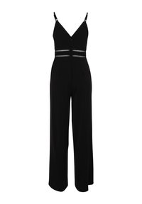 Zwart jumpsuit met een V-hals, dunne banden en ritsluiting. Beschikt over een tailleband met horizontale details en brede, vloeiende broekspijpen.