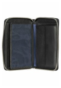Black leather wallet with a zip closure, featuring card slots and a textured interior lining in navy blue. Smooth exterior surface.