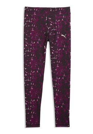 Paarse en zwarte sportlegging met luipaardprint, een aansluitende taille en een Puma-logo op de rechterdij.