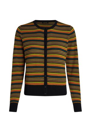 Cárdigan de punto multicolor con rayas verticales en amarillo, verde y rojo, con un cierre frontal de botones negros y puños acanalados en negro.