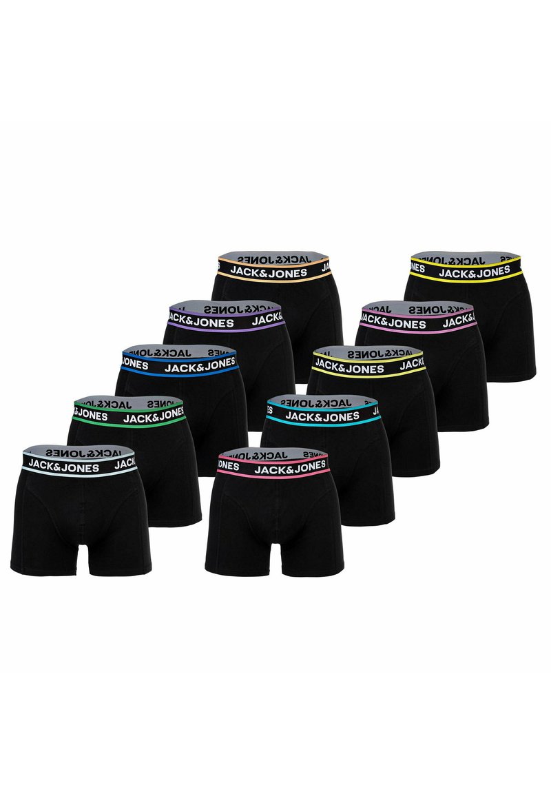 Svarta boxershorts med elastiska band med "JACK & JONES"-logotyp i olika färger. Tio par arrangerade för utställning, som visar design och passform.