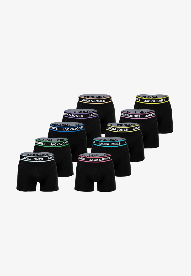 Schwarze Boxershorts mit elastischen Bändern, die das "JACK & JONES"-Logo in verschiedenen Farben zeigen. Zehn Paare angeordnet zur Ausstellung, die Design und Schnitt präsentieren.