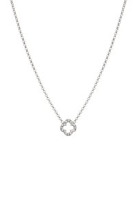 Sølv kæde med en blomsterpendant udsmykket med klare ædelsten rundt om et hult center. Enkel design med delikate led.