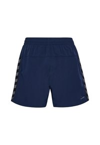 Marineblaue Sportshorts mit einem elastischen Bund, ausgestattet mit schwarz-grau karierten Streifen an den Seiten und einer glatten, leichten Textur.