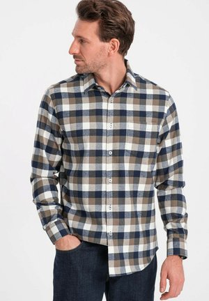 Karierter Flanellhemd in Marineblau, Braun und Weiß. Verfügt über einen Button-Down-Kragen, eine Brusttasche und lange Ärmel. Aus Baumwollmischung.