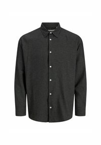Camisa de cuadro negro y gris con cuello estándar, mangas largas y botones blancos. Tejido suave con un ajuste estructurado.