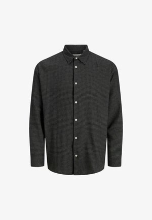 Czarna i szara koszula w kratę z guzikami, standardowy kołnierzyk, długie rękawy i białe guziki. Miękka tkanina o dopasowanym kroju.