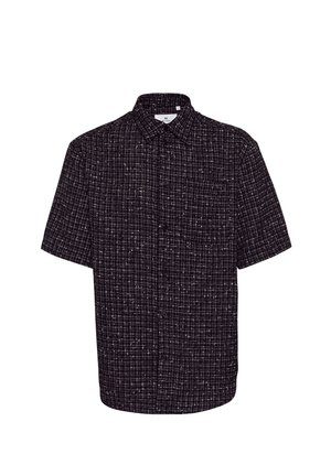 Kurzärmeliges schwarzes Hemd mit einem strukturierten Karomuster, das einen Button-Down-Kragen und zwei Brusttaschen hat. Leichte Stoffqualität.