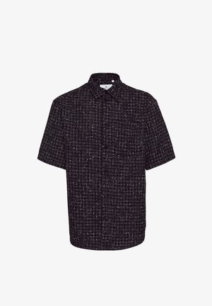 Kurzärmeliges schwarzes Hemd mit einem strukturierten Karomuster, das einen Button-Down-Kragen und zwei Brusttaschen hat. Leichte Stoffqualität.