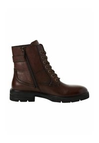 Stivaletto in pelle marrone scuro con zip laterale, lacci frontali e suola in gomma nera.
