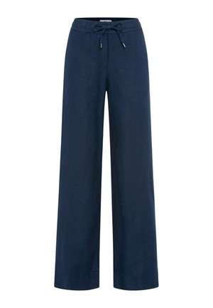 Marineblaue Hosen mit weitem Bein, elastischem Bund und Kordelzug, aus leichtem Stoff für den Freizeitgebrauch.