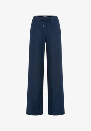 Pantaloni a gamba larga blu navy con vita elasticizzata e coulisse, realizzati in tessuto leggero per un abbigliamento casual.