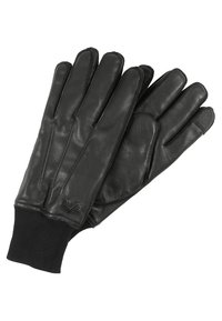 Zwarte leren handschoenen met een ribbelgebreide manchette, textuur voor grip op de vingertoppen en een gladde afwerking met subtiele stikdetails.