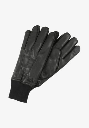 Guantes de cuero negro con un puño de punto acanalado, agarre texturizado en las yemas de los dedos y un acabado suave con sutiles detalles de costura.