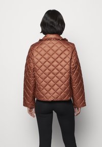 Brązowa pikowana kurtka puchowa z falbanianym kołnierzem, o skróconym fasonie i gładkiej, błyszczącej fakturze. Tył prezentuje luźne dopasowanie.