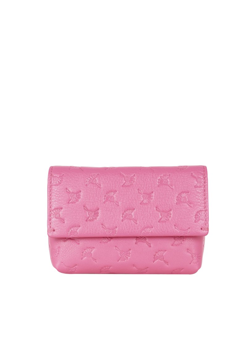 Rosa læder clutch med præget fuglemønster, rektangulær form, klaplukning og tekstureret overflade.