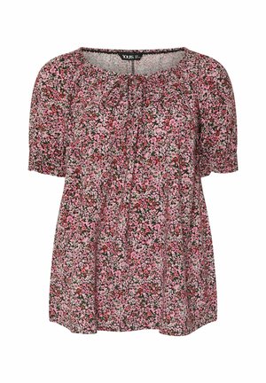 Vapaa, lyhythihainen pusero, jossa on vaaleanpunainen, punainen ja vihreä kukkakuosi, pyöreä pääntie ja pieni solmimisnauha edessä.