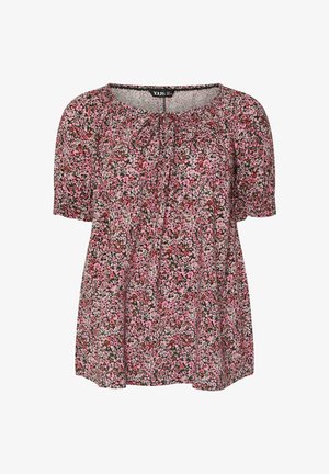 Lockere Bluse mit kurzen Ärmeln, rosa, roten und grünen Blumenmuster, runder Halslinie und kleinem Bindeband vorne.