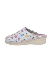 Zapatilla de mujer sin cordones con bordes festoneados, fabricada en un tejido gris cubierto de un estampado floral multicolor y suela acolchada beige.