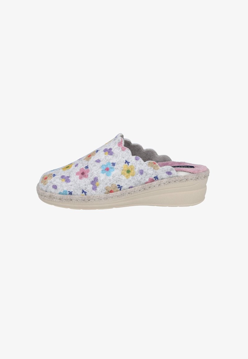 Zapatilla de mujer sin cordones con bordes festoneados, fabricada en un tejido gris cubierto de un estampado floral multicolor y suela acolchada beige.