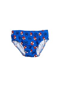 Costumi da bagno blu con un motivo di icone di ragni rossi e neri su uno sfondo blu. Fascia elastica in vita e tessuto morbido.