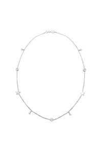 Sølv halskæde med en kæde med cirkulære og stjerneformede accenter, sættet med små klare ædelsten, der skaber et vekslende mønster.