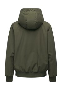 Mørkegrøn hættetrøjejakke med elastiske manchetter og kant, vist bagfra på en hvid baggrund.