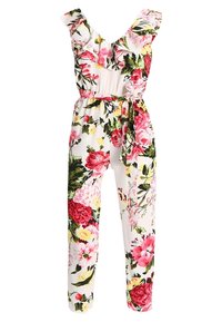 Floral jumpsuit featuring a white background with vibrant pink, red, and yellow flowers, ruffled neckline, and a tied waist belt.