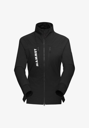 Schwarze Mammut-Jacke mit hohem Kragen, Vorderreißverschlüssen und zwei Brusttaschen. Sie hat eine glatte Textur und ein großes weißes Logo auf der Vorderseite.