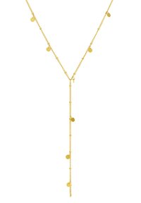 Collier doré avec un long design en chaîne, orné de petits médaillons circulaires et d'un fermoir, parfait pour un port superposé ou seul.