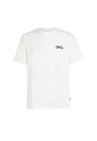 White cotton t-shirt featuring a small dark blue logo on the left chest area. Short sleeves and a classic crew neckline.