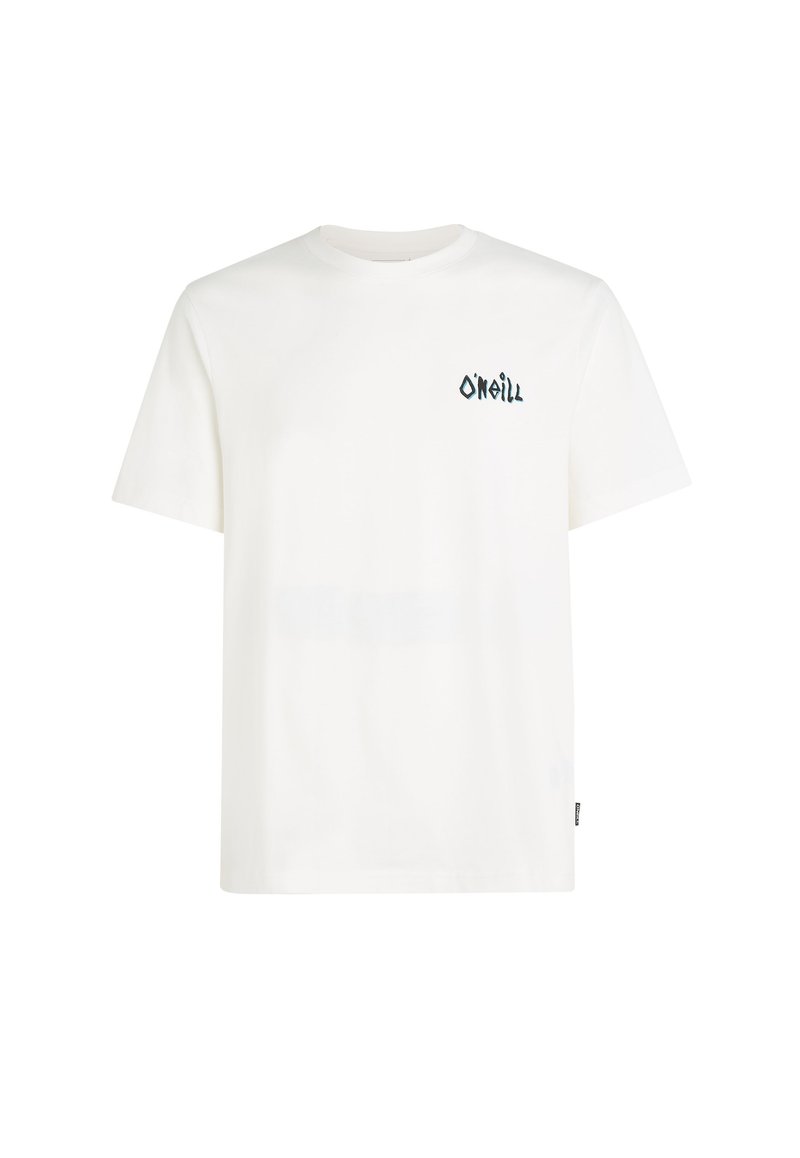 White cotton t-shirt featuring a small dark blue logo on the left chest area. Short sleeves and a classic crew neckline.