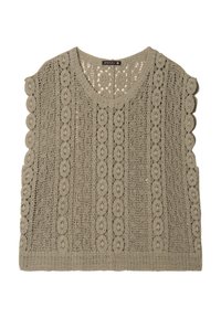 Top all'uncinetto beige con scollatura a V, caratterizzato da un motivo testurizzato di motivi circolari e bordi smerlati sulle maniche. Materiale leggero.