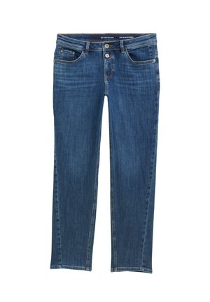 Denim jeans in een middelblauwe wassing, met een recht pijpontwerp, vijf zakken en contraststiksel langs de naden.