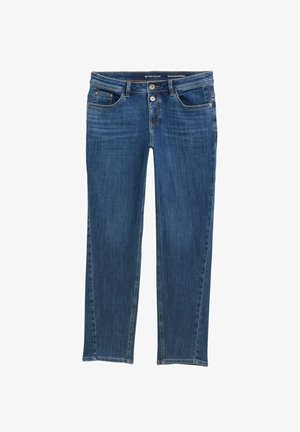 Džínsy v strednom modrom odtieni, s rovnou nohou, piatimi vreckami a kontrastným šitím pozdĺž švov.