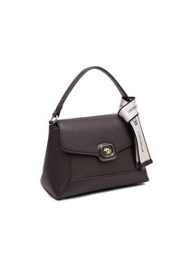 Borsa a mano in pelle marrone scuro con una forma strutturata, manico superiore, chiusura in tono oro e tracolla removibile con branding.