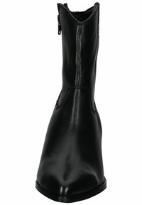 Botín negro de cuero hasta el tobillo con punta afilada, cremallera lateral y una textura suave y brillante. Presenta costuras verticales y un tacón bajo.