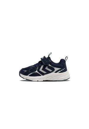 Kinder-Athletiksneaker in Marineblau und Weiß mit Mesh- und synthetischem Obermaterial, Klettverschluss, Zuglaschen an Zunge und Ferse sowie dicker weißer Sohle.