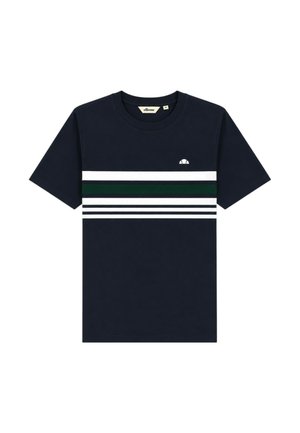 T-shirt blu navy a maniche corte con strisce orizzontali bianche e verde scuro sul petto e un piccolo logo bianco sopra le strisce.