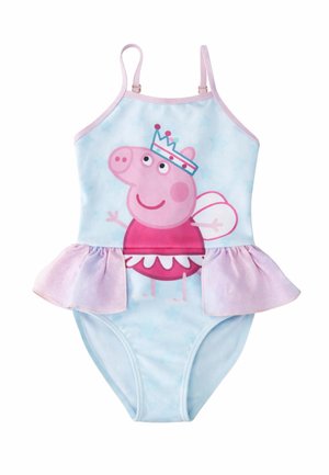 Lichtblauw badpak met roze ruches, met een cartoon roze varkentje met een kroon en feeënvleugels.