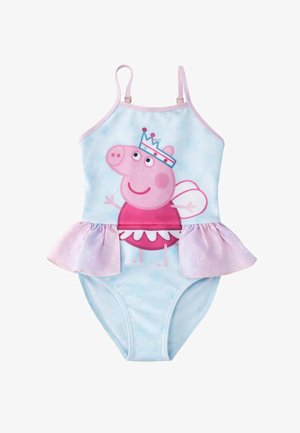 Lichtblauw badpak met roze ruches, met een cartoon roze varkentje met een kroon en feeënvleugels.
