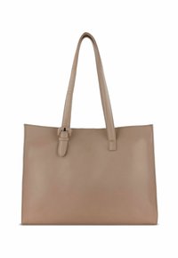 Beige rechthoekige leren tote bag met twee lange banden, waarvan er één verstelbaar is met een gesp, zonder zichtbare logo's of patronen.