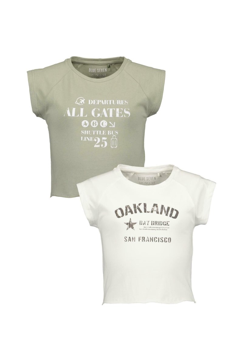 Two cropped t-shirts: one olive green with white graphic text, the other white with gray text. Both have short sleeves and a relaxed fit.